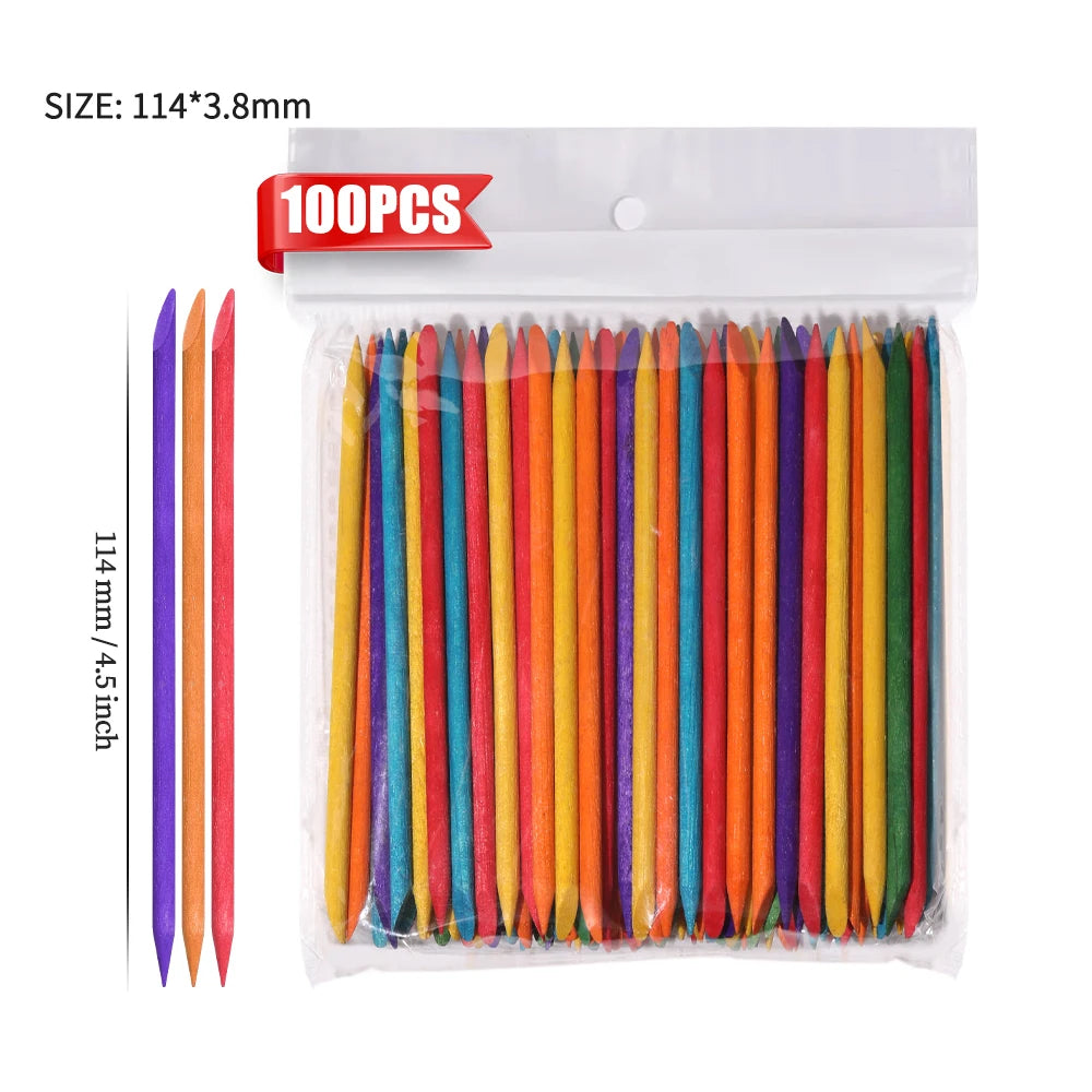 100PCS Cuticle Pusher Remover Nail Art Tools Beechwood Stick Sticks Rhinestones Picker B detail view