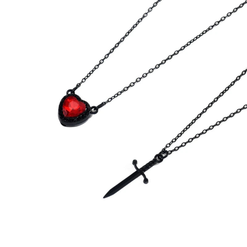Gothic Sword and Heart Pendant Necklace Set | 2-Piece Gothic Jewelry for Halloween lifestyle view
