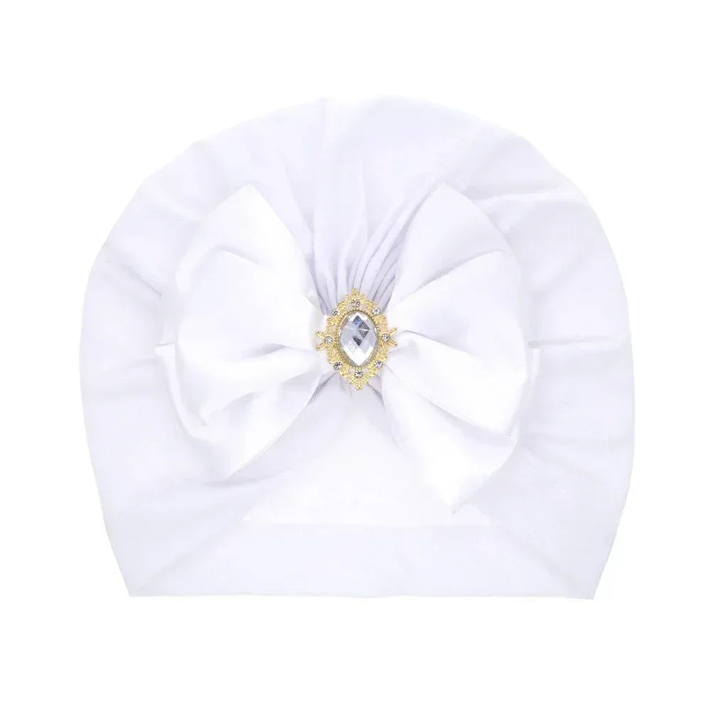 Baby Girl Bowknot Turban Hat with Rhinestone | Soft Knit Headwear for Infants lifestyle view