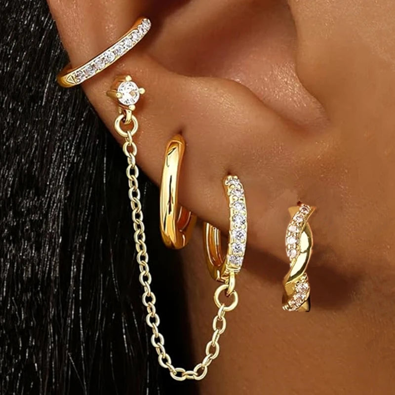 4PC Chain Huggie Earring Set | Flower Tragus Hoop Earrings for Women lifestyle view