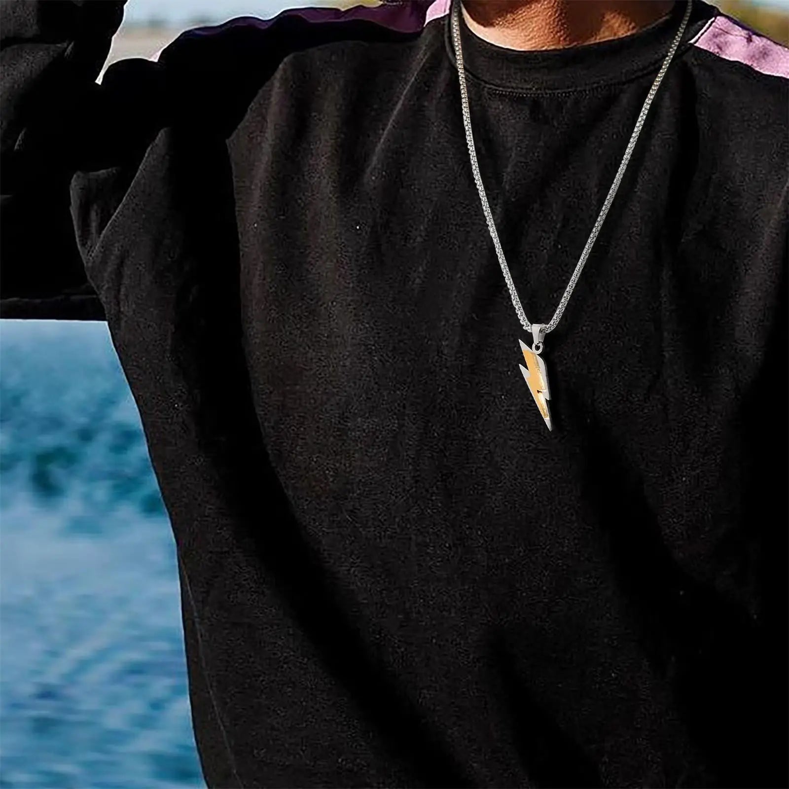 Trendy Lightning Stainless Steel Necklaces for Men,Two Color Lightning Pendant Necklac close-up view