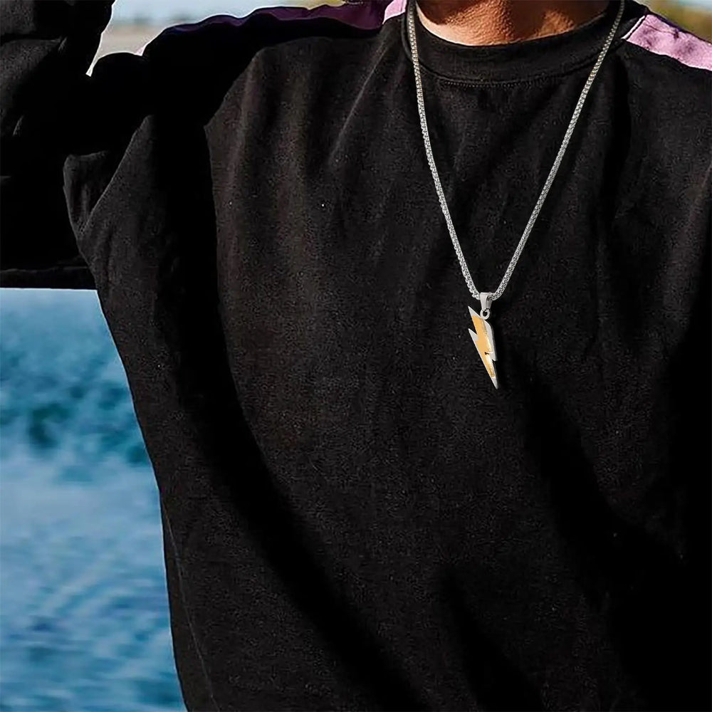 Trendy Lightning Stainless Steel Necklaces for Men,Two Color Lightning Pendant Necklac close-up view