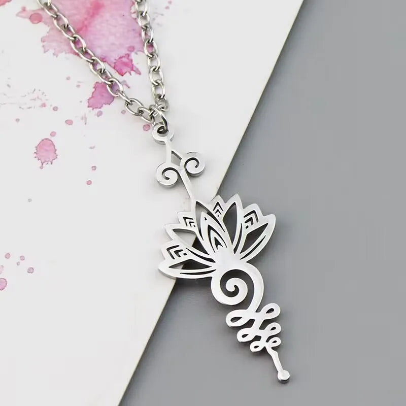 Stainless Steel Unalome Pendant Necklace | Yoga Jewelry with Lotus Flower close-up view