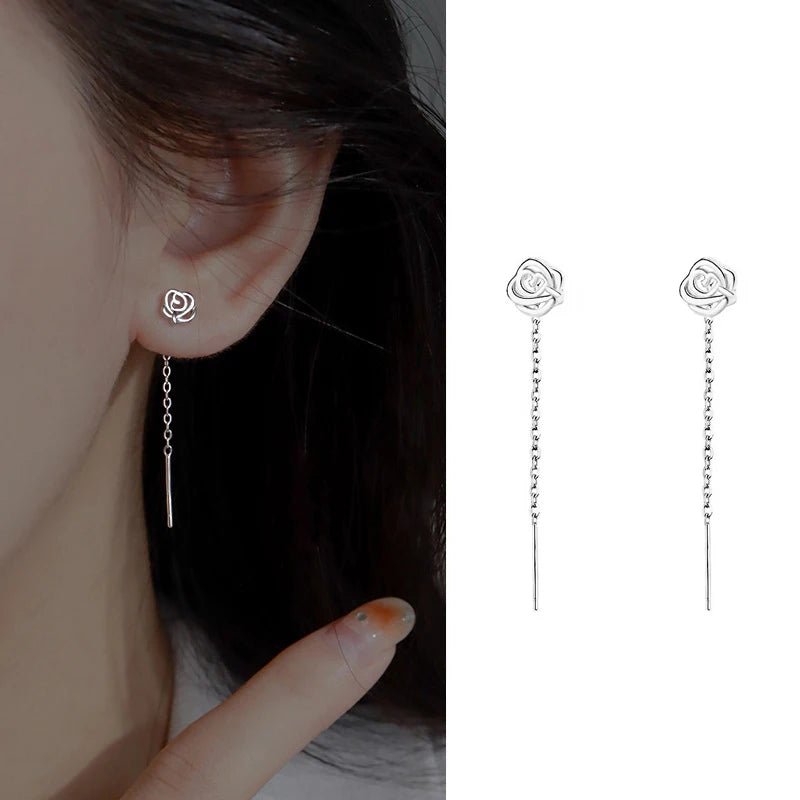 JWER S925 Silver Needle Star Line Earring for Women Tassel Drop Earring Long Chain Beads detail view