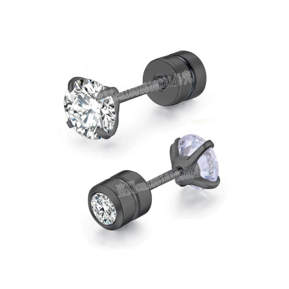 Black Top Stainless steel Unisex Women Men Round Crystal Zircon Ear Studs Earrings Pie close-up view