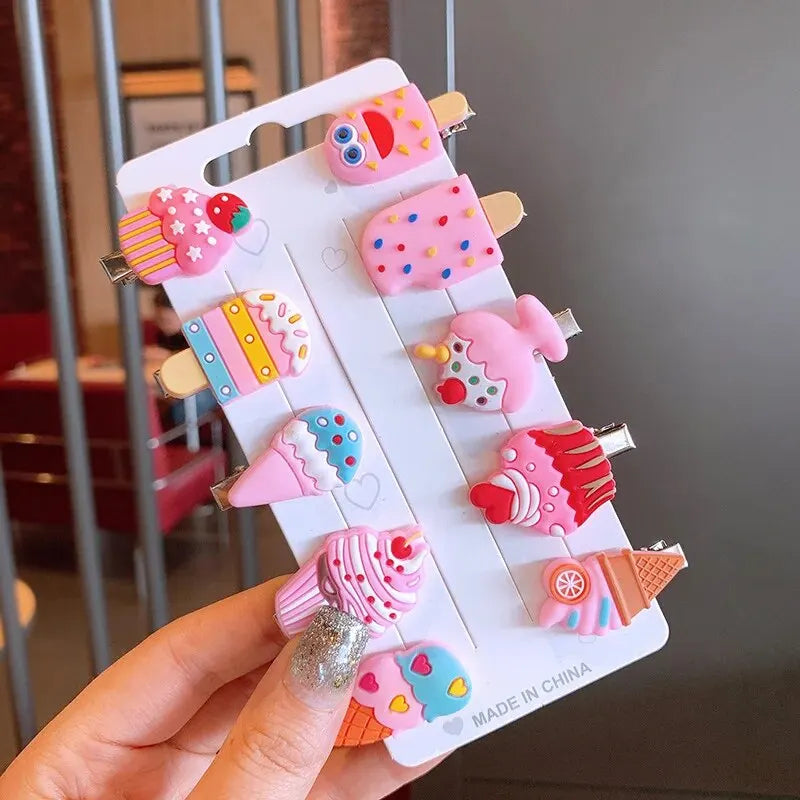 10PCS/Set New Girls Cute Cartoon Unicorn Hair Clips Kids Lovely Hairpins Ice Cream Hea close-up view