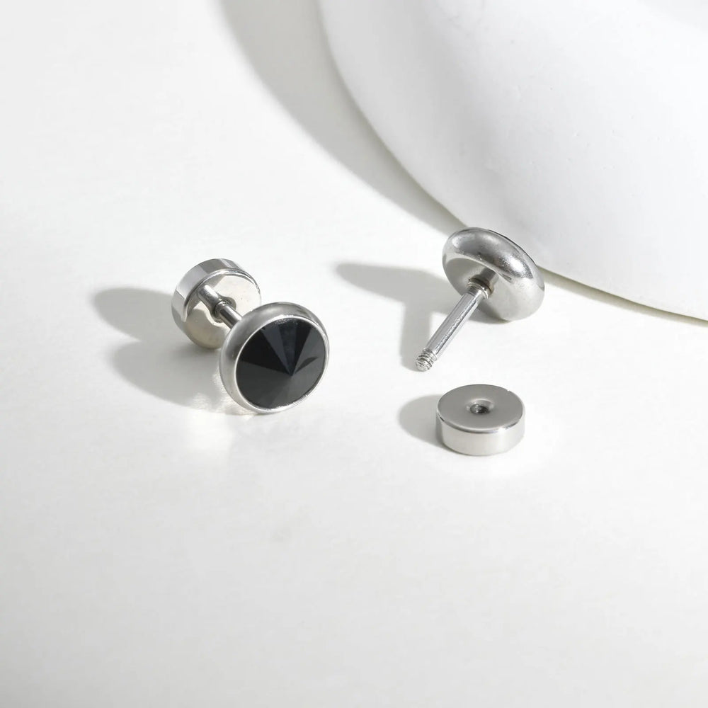 Vnox Multi-faced Cut Zircon Stone Earrings for Men, Screw Back Stud Barbell Shaped Earri detail view