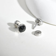 Vnox Multi-faced Cut Zircon Stone Earrings for Men, Screw Back Stud Barbell Shaped Earri detail view