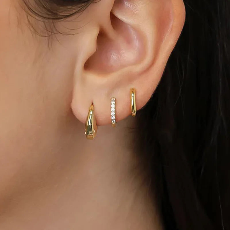 3 Pairs Stainless Steel Crystal Zirconia Hoop Earrings for Women Trendy Simple Gold additional angle