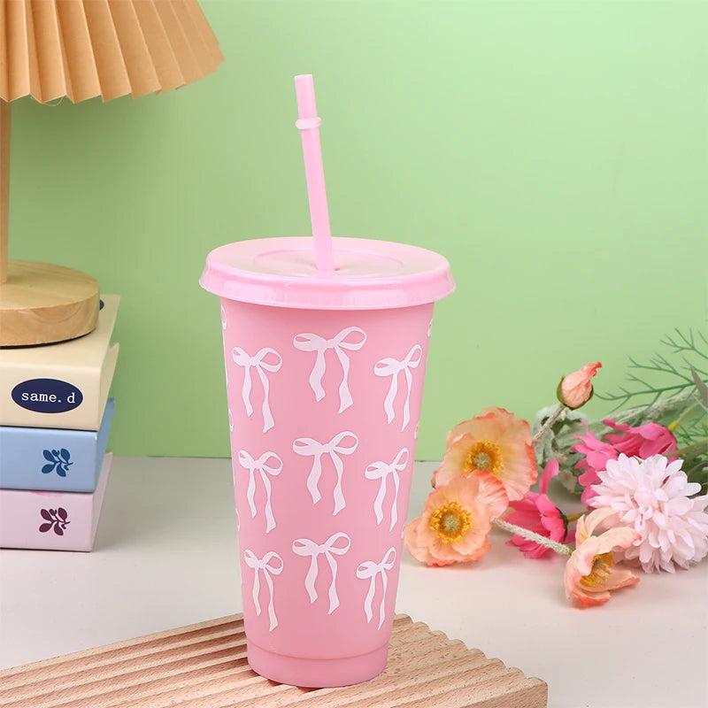 710ml Bow Reusable Party Cups With Straw Lid Coffee Juice Tea Cute Tumbler With Str additional angle