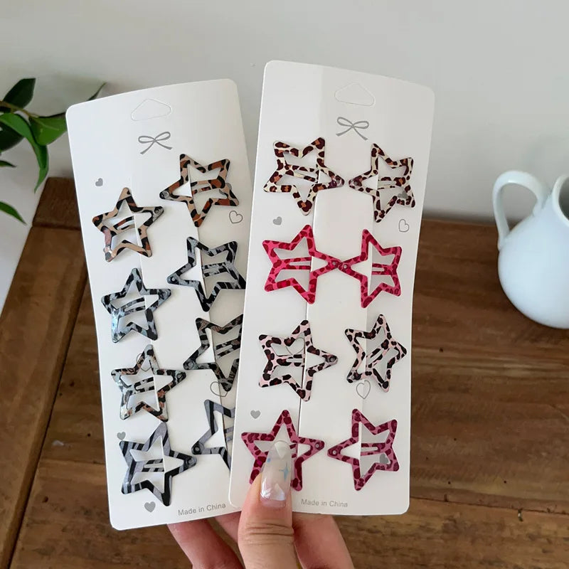8pcs/set Leopard Print Hair Clips for Women Girls Vintage Geometric Star BB Clips Bang close-up view
