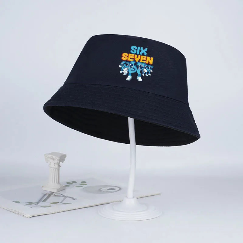 Pixel Robot Fisherman Hat for Kids | Digital Cartoon Sun Hat detail view