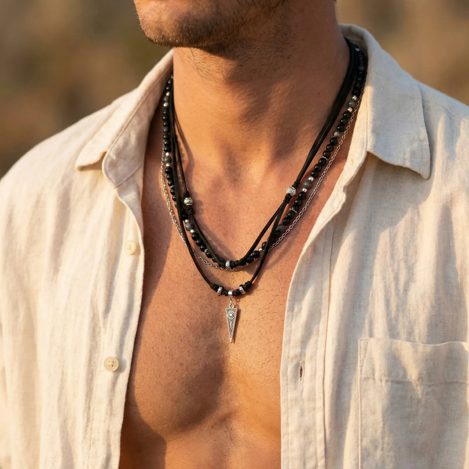 Vnox Metal Triangle Pendant Black Onyx Beaded Layered Leather Necklace for Men Women, 50-57cm Length