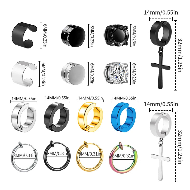 1/16 Pairs Magnetic Stud Earrings Men Stainless Steel Non-Piercing Cross Dangle Hoo additional angle