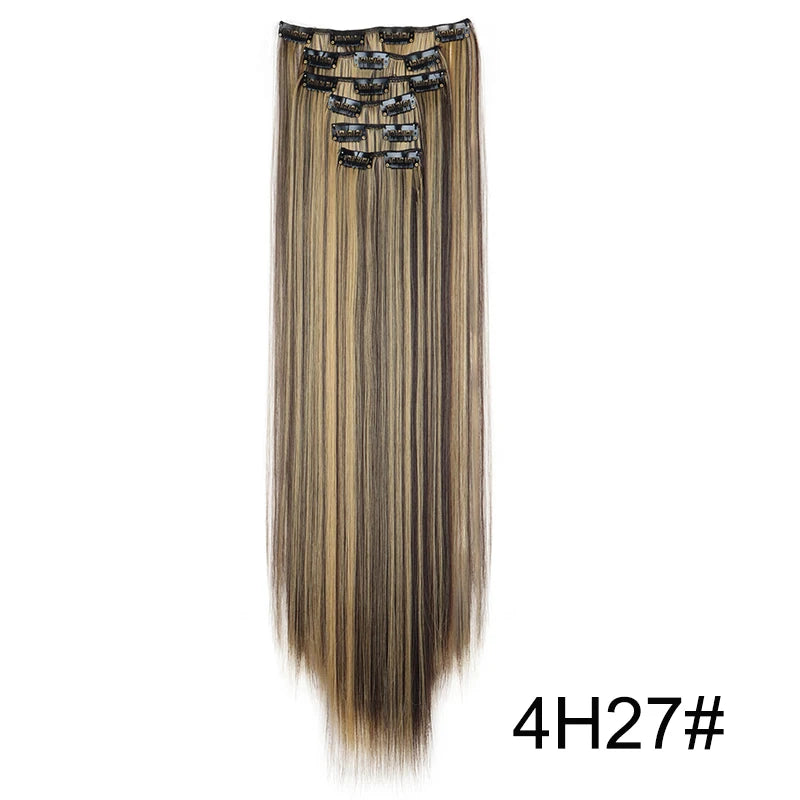 Synthetic 24 Inch Clip In Hair Extensions | Long Straight Blonde Black Heat Resista additional angle