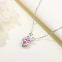 Romantic Pink Crown Heart Pendant Necklace Genuine 925 Sterling Silver Elegant Fine J alternate view
