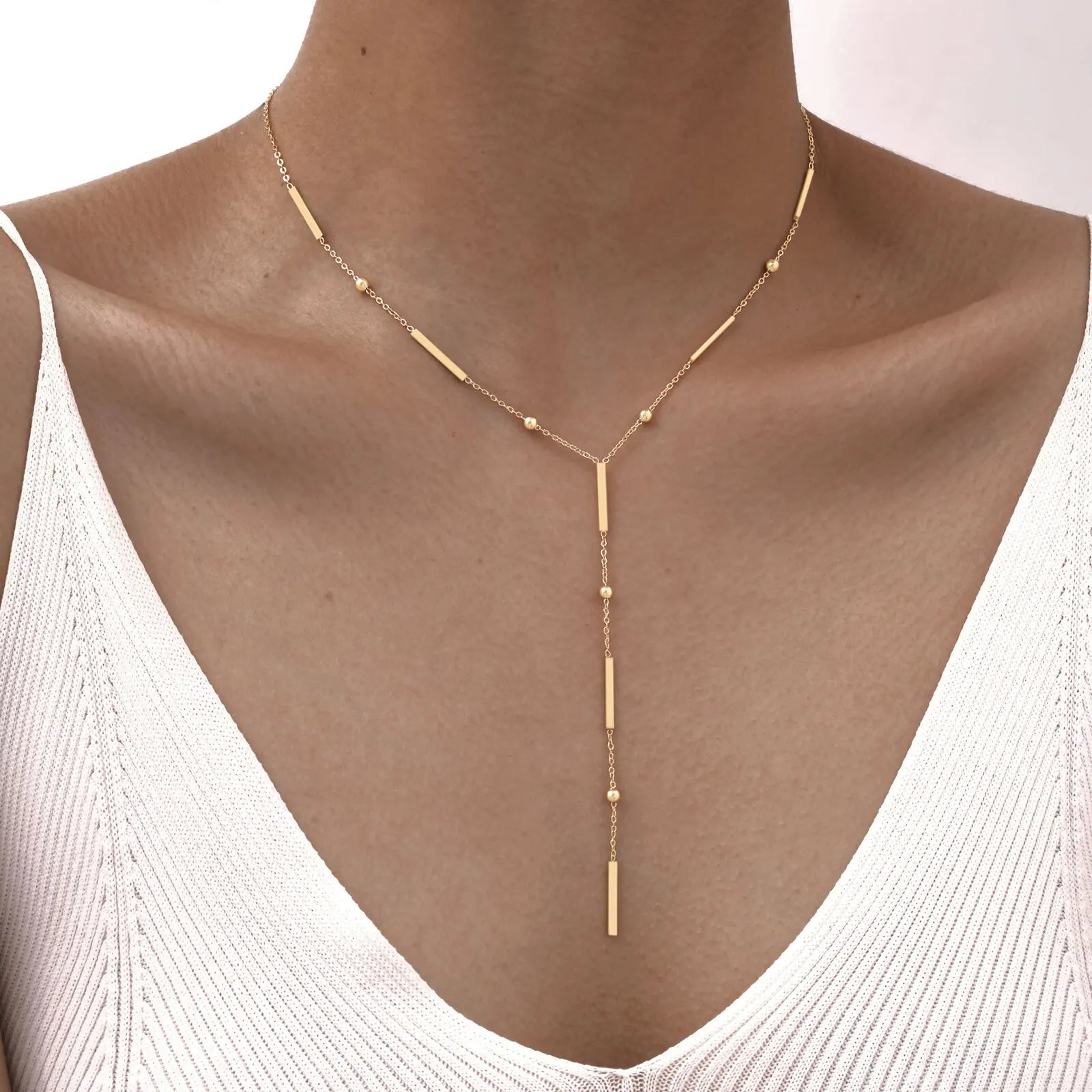 Beaded Long Chain Y Shape Necklace For Women, Minimalist Drop Bar Pendant Choker Neck lifestyle view