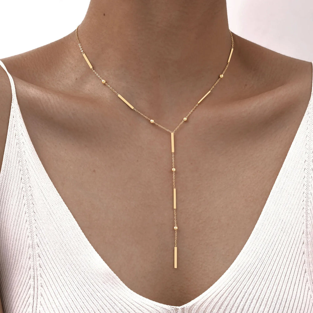 Beaded Long Chain Y Shape Necklace For Women, Minimalist Drop Bar Pendant Choker Neck lifestyle view