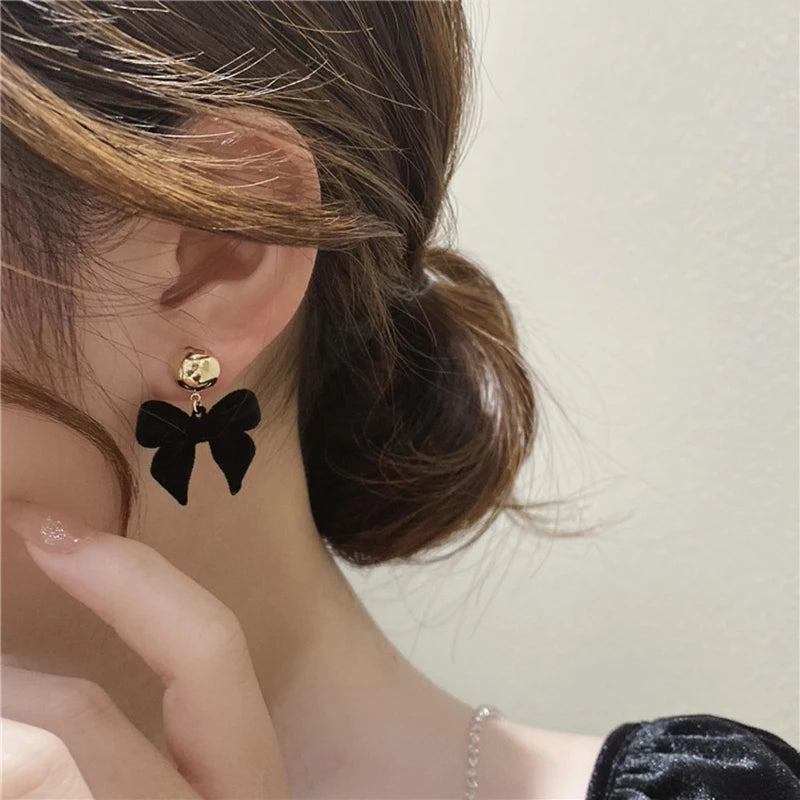 Vintage Black Flocking Bowknot Earrings | Geometric Drop Earrings for Women detail view