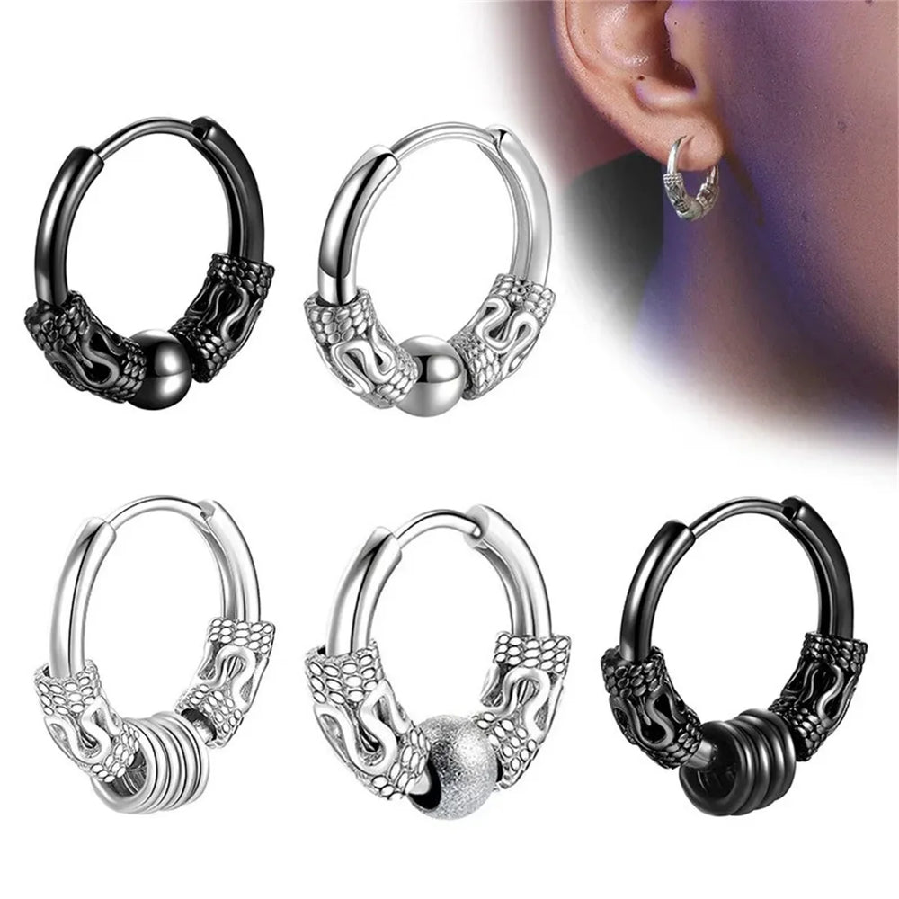 2/4pcs Punk Stainless Steel Round Circle Totem Hoop Earrings,Hip Hop Male Ear Piercin alternate view