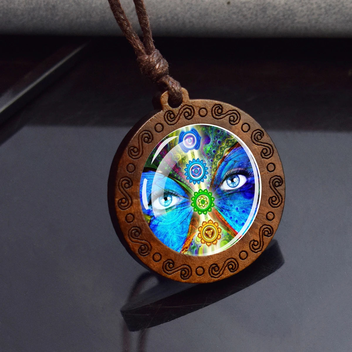 7Chakra Symbol Necklace Yoga Meditation Glass Dome Vintage Wooden Pendant Rope Chains lifestyle view