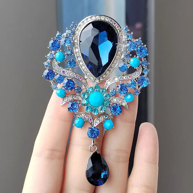 Retro Blue Crystal Big Waterdrop Pendant Brooch for Women Full of Rhinestone Brooch Pin Clothing Accessories Vintage Jewelry