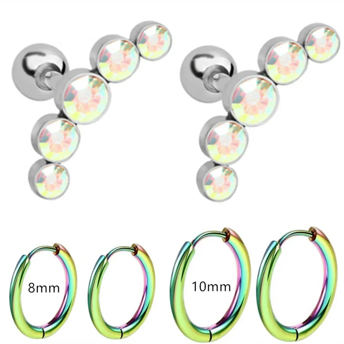 EVISPOL 6Pcs Fashion Stainless Steel Colorful Crystal Tragus Stud Earrings Set Helix Car detail view