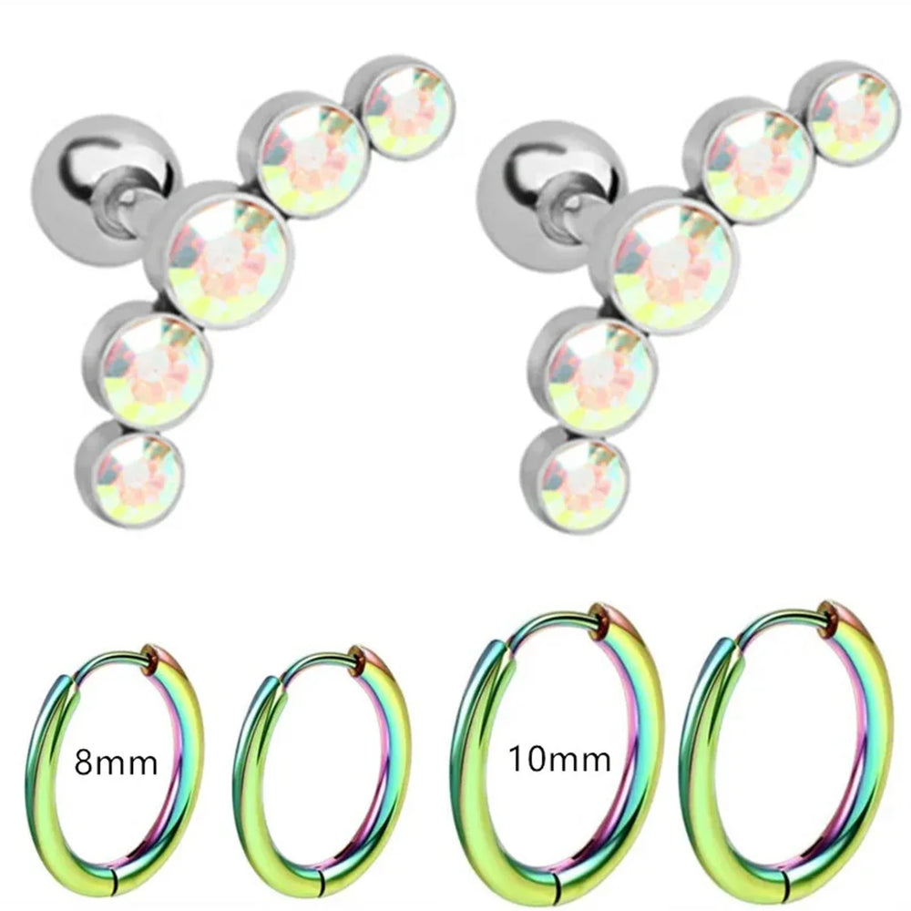 EVISPOL 6Pcs Fashion Stainless Steel Colorful Crystal Tragus Stud Earrings Set Helix Car detail view
