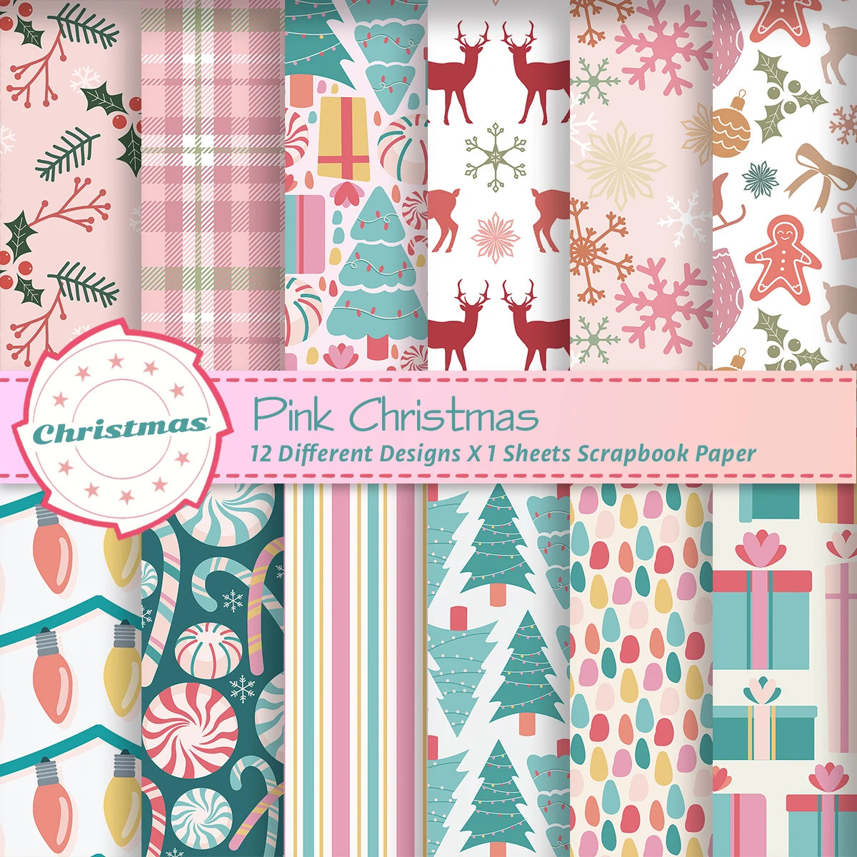12pcs Retro Christmas Scrapbook Paper | Christmas Tree Design Single Sided DIY Craft Paper for Journ