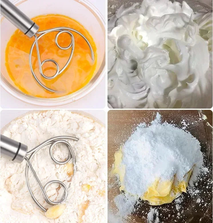 Stainless Steel Danish Dough Whisk | Wooden Handle Bread Mixer for Baking additional angle
