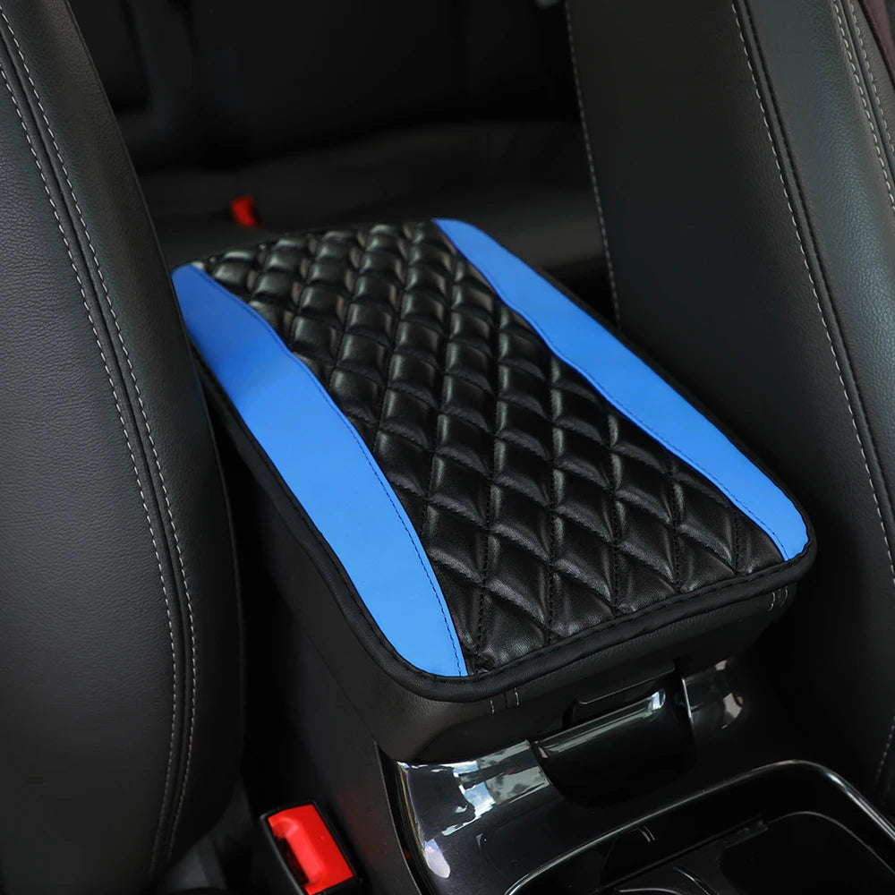 PU leather multi-color three-dimensional embroidered car armrest cushion, center conso close-up view