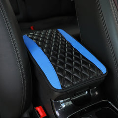 PU leather multi-color three-dimensional embroidered car armrest cushion, center conso close-up view