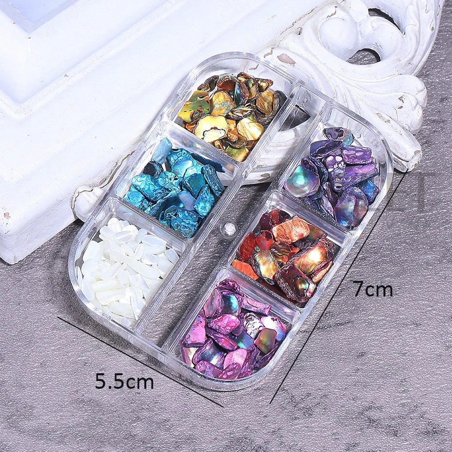 6 Grids Abalone Shell Flakes Nail Art Decoration 3D Charms Irregular Seashell Fragm additional angle