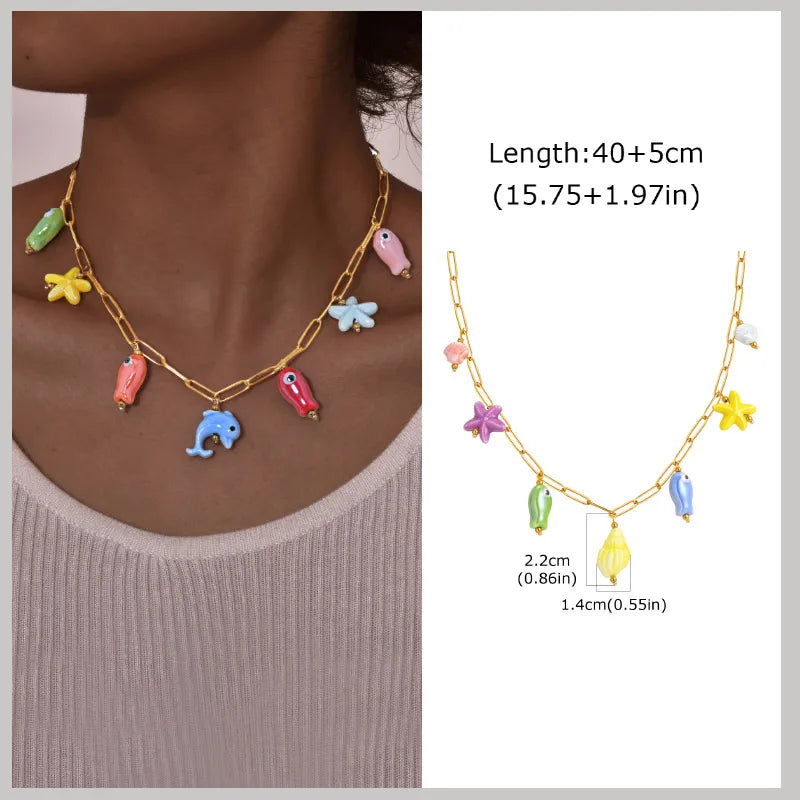 18k Gold Plated Pearl Shell Starfish Necklace | Summer Beach Jewelry for Women detail view