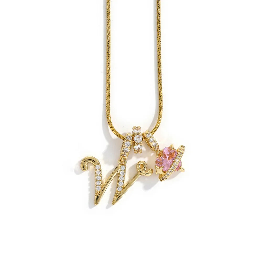Gold Color Zircon Flower Pendant Necklace Female A-Z 26 Letter Alphabet Wedding Jewelry detail view