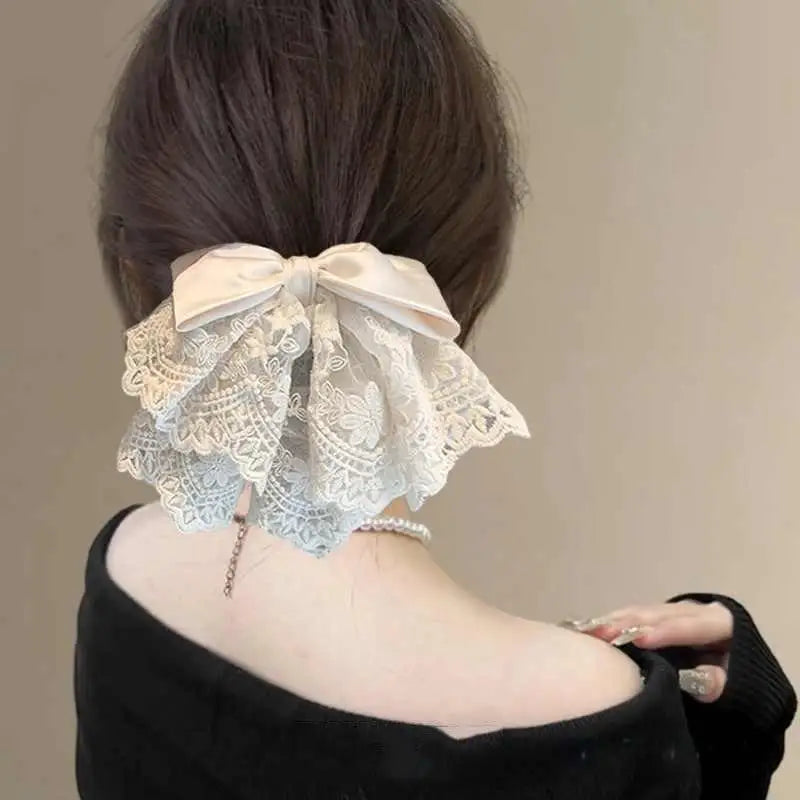 [E] French Elegant Ballet Style Lace Satin Bow Ponytail Hair Clip, Gentle And Sweet Shark Clip Hair Ornament On The Back Of Head