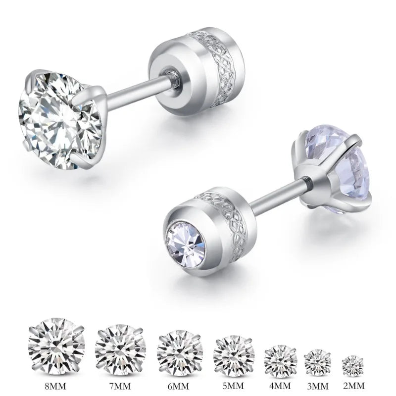 2pcs 20G Hypoallergenic Titanium Steel Stud Earrings for Men Women, Zircon Screw Back Earring Cartil