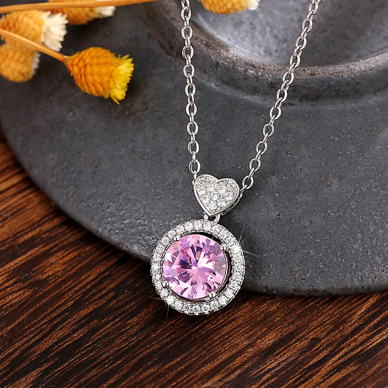 Huitan Romantic Pink Cubic Zirconia Pendant Necklace for Women Engagement Wedding Part close-up view