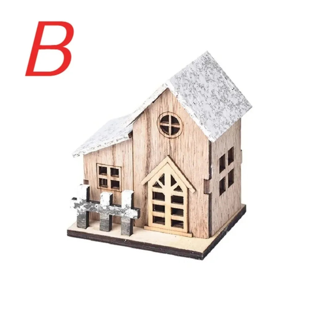 Christmas LED Light Wooden House Luminous Cabin Merry Christmas close-up view