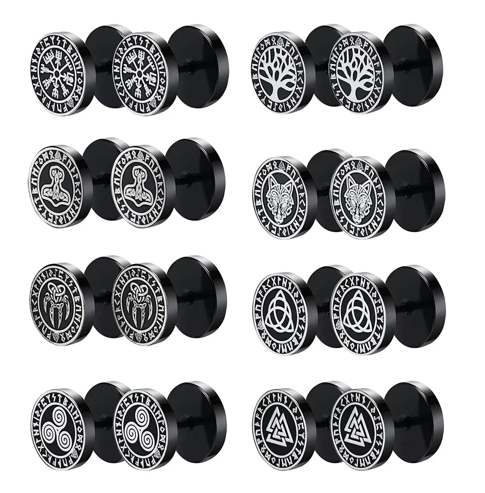 Gothic Norse Viking Runes Stud Earrings for Men Boys,Rock Punk Stainless Steel Valknut Wolf Head Com