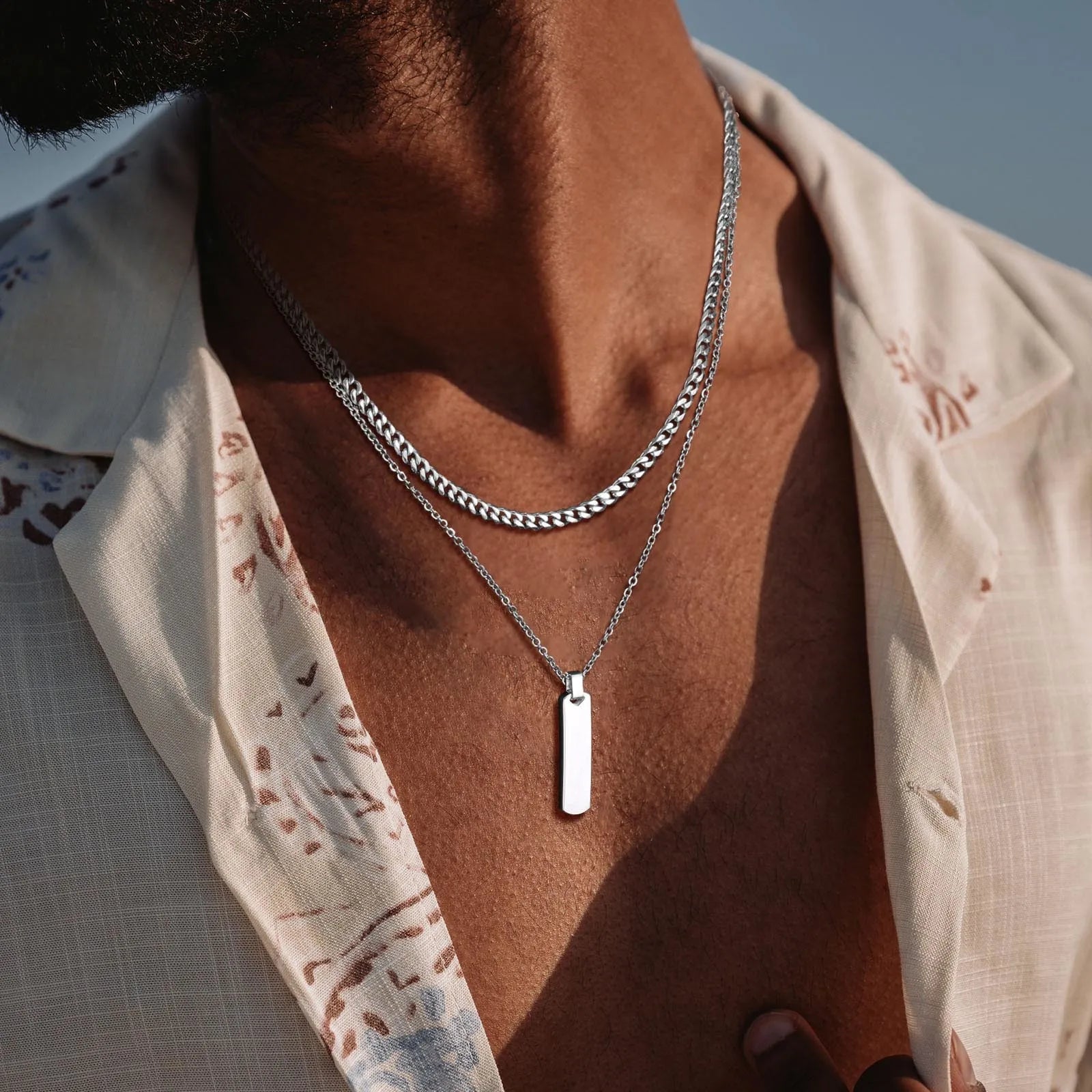 2pcs Vertical Layer Necklaces for Men Boys,Wateproof Stainless Steel Cuban Chain Collar,Stylish Men'