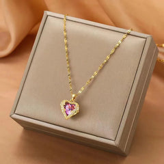 Stainless Steel Crystal Heart Pendant Necklace | Ocean Blue Jewelry for Women close-up view