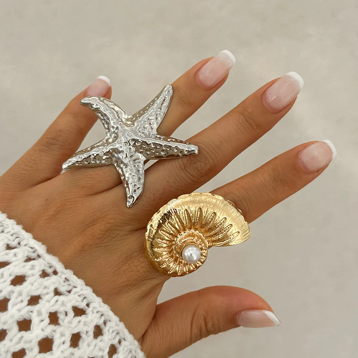 Exaggerated Big Starfish Conch Gold Color Rings Women Boho Creative Irregular Geometric Couple Ring