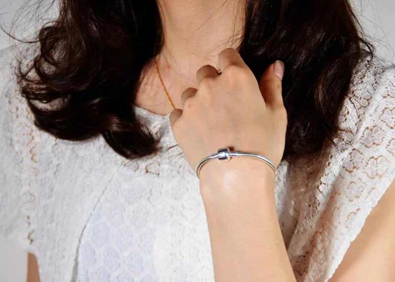Handmade Original Fine Jewelry 925 Silver Charm Bracelet Soft Smooth Snake Bone Brace lifestyle view