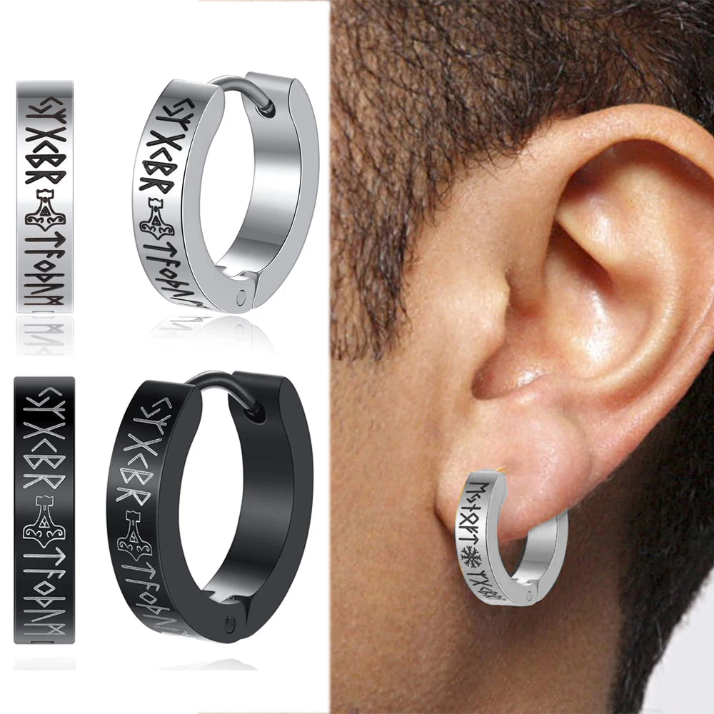 1Pc Norse Viking Runes Hoop Earrings for Men Women Stainless Steel Huggie Hoop Earrings For Male Fas