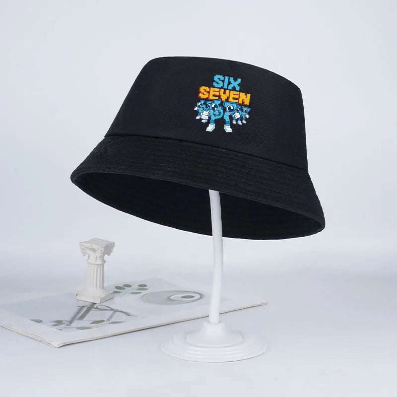 Pixel Robot Fisherman Hat for Kids | Digital Cartoon Sun Hat close-up view