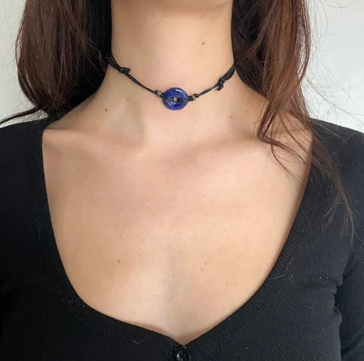Amethyst Choker, Black Adjustable Necklace on Cotton Cord, Gemstone Gift for A Goth additional angle