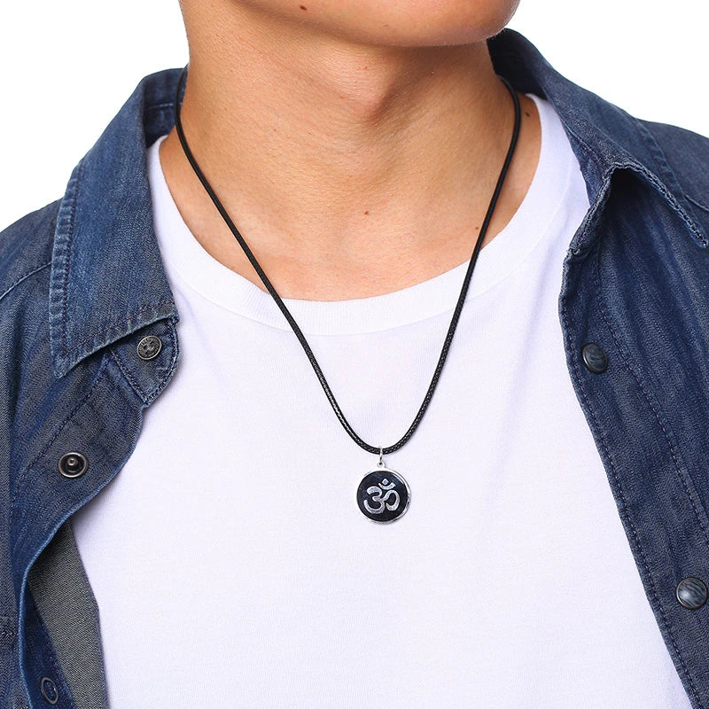 Men's OM Necklace | Round Ohm Pendant Adjustable Yoga Spiritual Jewelry detail view