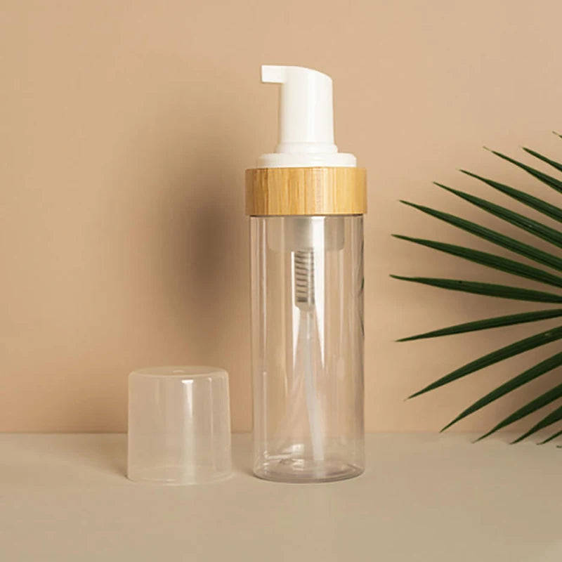 150ml Refillable Bamboo Foam Pump Bottle - Travel Size Empty Dispenser For Face Cleaner Shampoo Hand