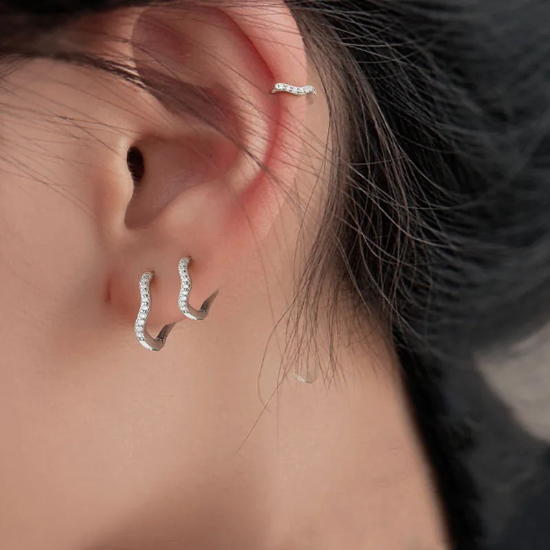 Stainless Steel Minimal Wave Hoop Earrings Crystal Zirconia Small Huggie Thin Carti additional angle